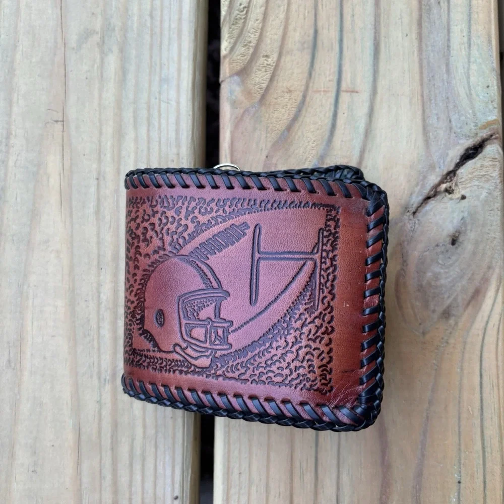 Vintage Bi-Fold Leather Wallet Whipstitch Sports Football Hand Tooled USA